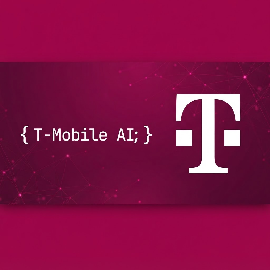 Logo T-Mobile sur fond magenta avec texte IA en style code